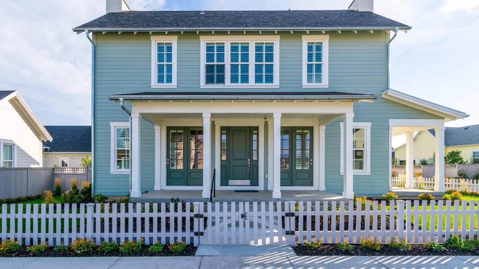 Classic American two-story home with a covered front porch and a white picket fence
