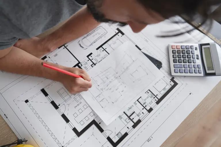 Architect reviewing a custom home floorplan