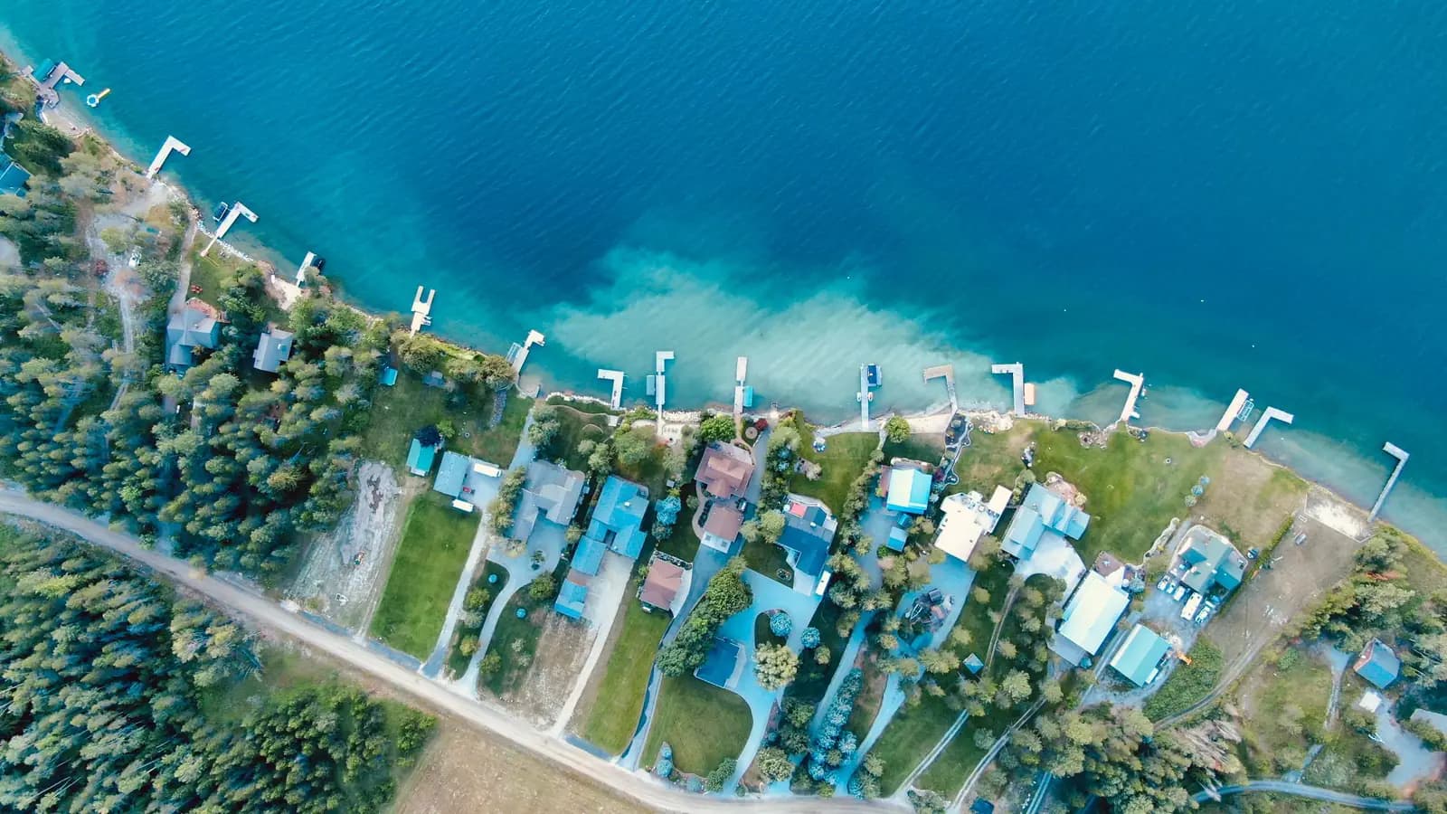 Aerial view of wooded lakefront homes with private docks along a calm lake